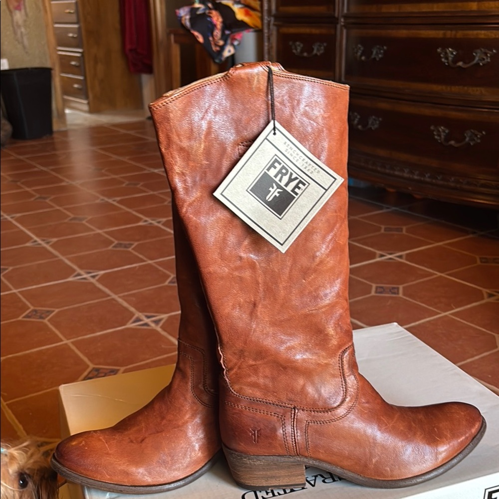 Frye Carson Tab Rustic Brown Leather Mid-Calf Boots Cowboy Western NWT